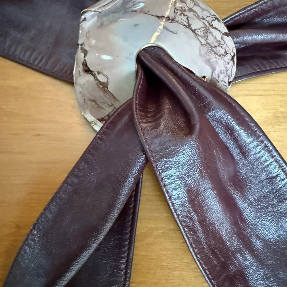 1980s Chocolate Brown Leather Belt w/ Artistic Metal Slider Buckle